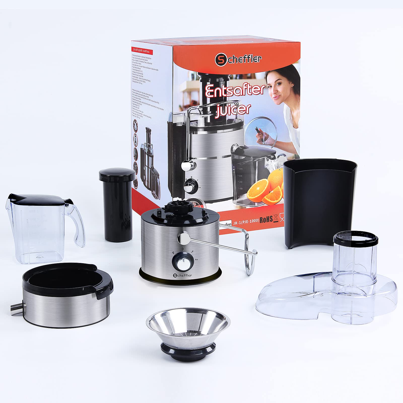 Scheffler Edelstahl-Entsafter für Obst und Gemüse, 1000W Zentrifugaljuicer mit 1L Saftkanne, 2 Geschwindigkeitsstufen, 73mm Füllöffnung