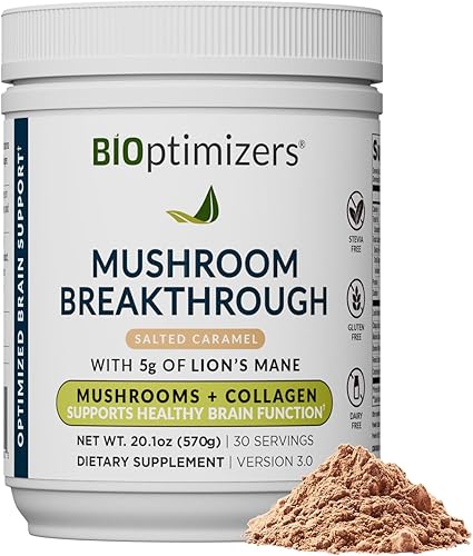 BIOptimizers Alternativa al café de hongos Bebida de caramelo salado Melena de león, Chaga, Reishi + péptidos de colágeno para concentración,
