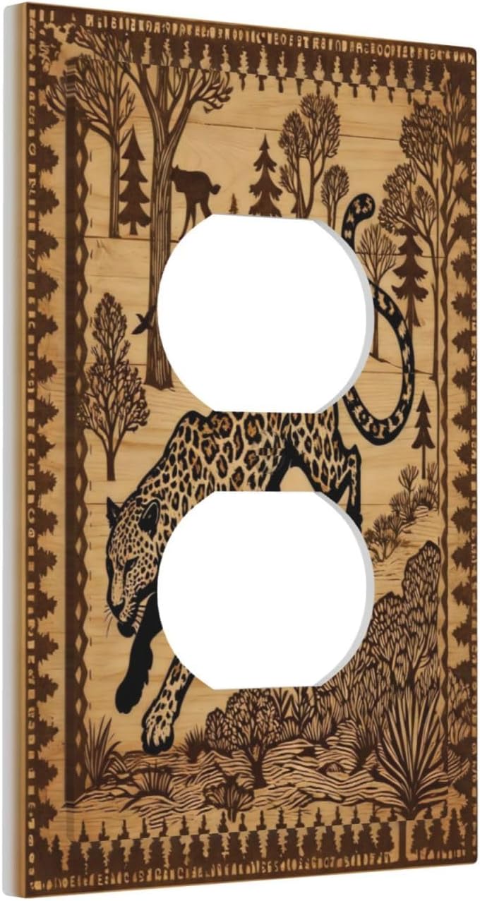 Rustic Brown Wood Grain Leopard Forest Light Switch Cover Duplex Outlet Animal Farmhouse Country Decorative Switchplates Electrical Faceplate Wall Plate for Home Bathroom Kitchen