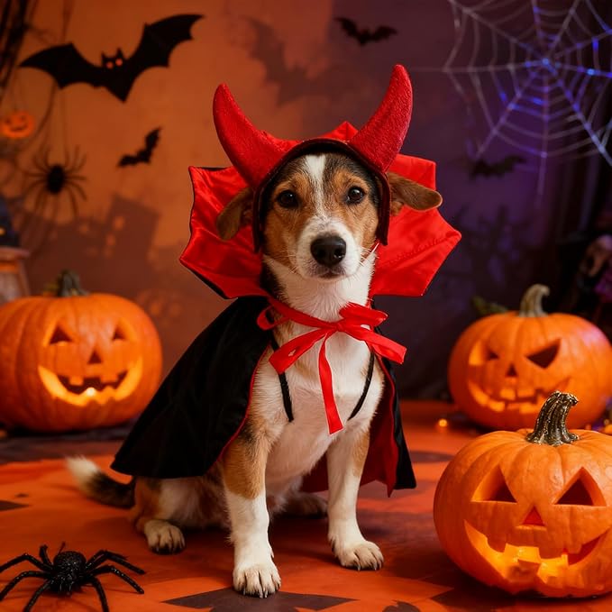 Disfraz de vampiro para perro Halloween con capa y diadema miniatura 6