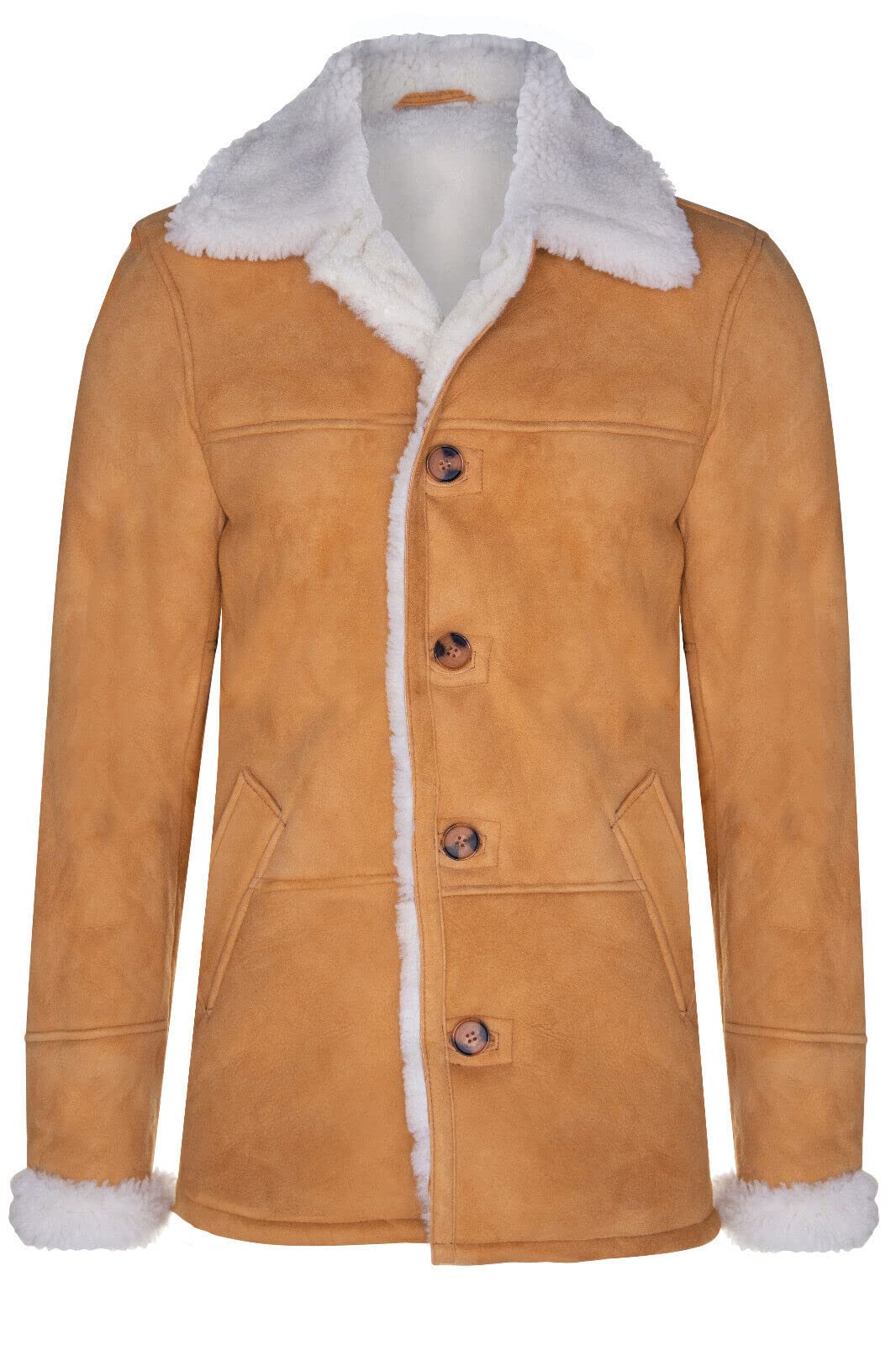 Men's Tan Brown Sheepskin Real Shearling Classic Suede Leather Car Coat S