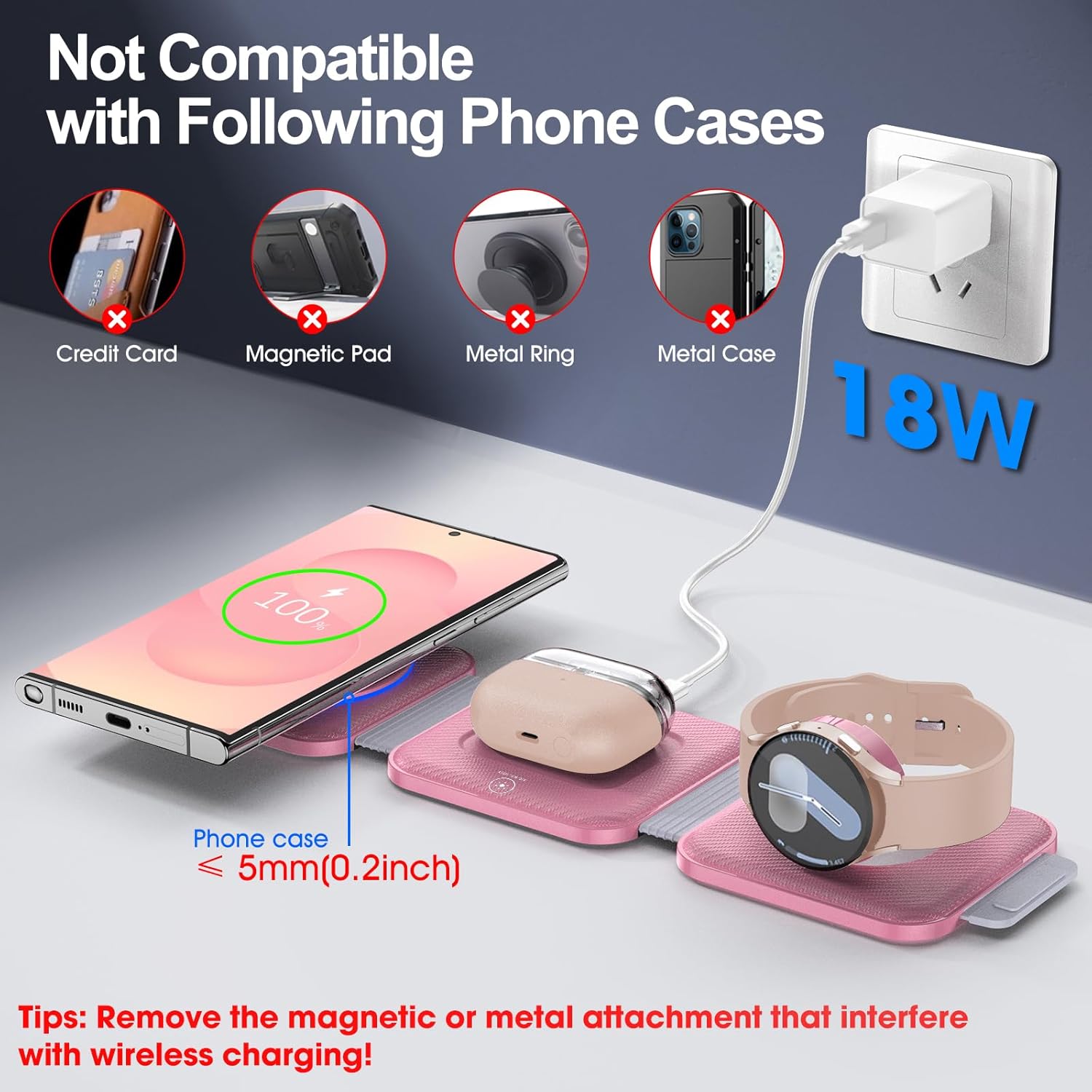 Foldable 3 in 1 Wireless Charger for Samsung Multiple Devices, Travel Wireless Charging Station/Stand for Galaxy S25 Ultra/S24/Z Fold Flip 6/5, Charger Dock Stand for Samsung Watch 7, Buds Pro3（Pink） - Image 6