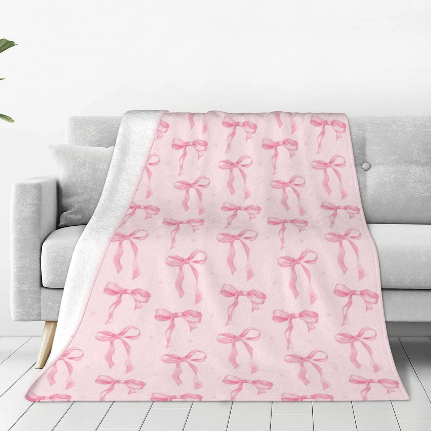Cute Pink Throw Blanket Pink Ribbon Bow Soft Cozy Flannel Fleece Blanket Warmth Lightweight Bedding for Couch Sofa Chair Bed Living Room Bedroom Decor Valentine's Day Birthday Gift Women Girl,80"X60"