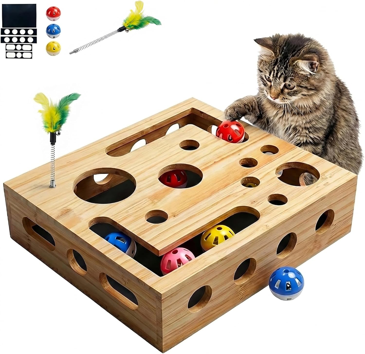 Cat Nail File Scratch Enrichment Box,Solid Pine Wood Puzzle Toy with Widened Safety Holes,Stress Free Alternative to Clippers&Grinders,Interactive Maze for Indoor Cats,Sandpaper, 3 bells,feather stick