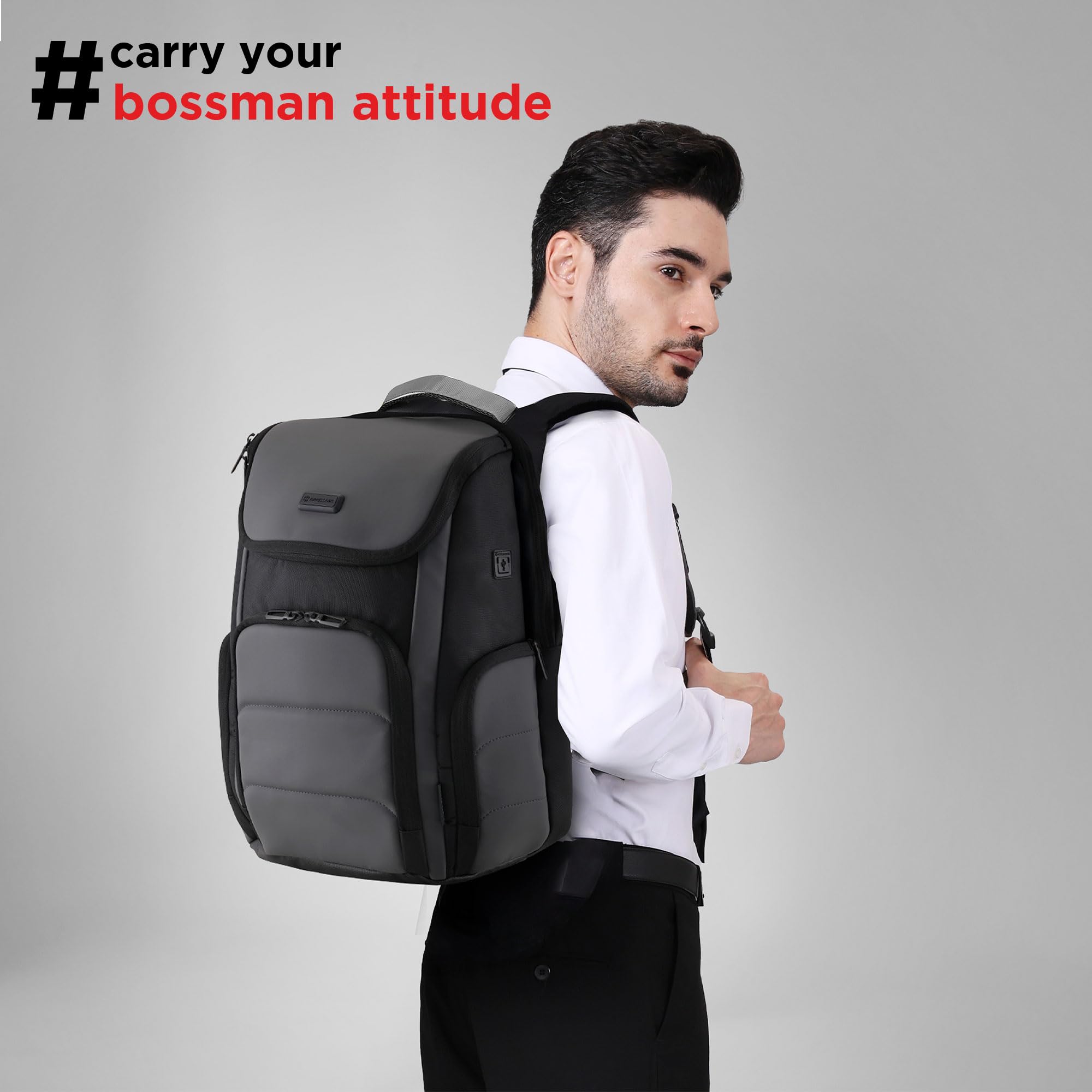 HARISSONS Teknos Business Travel Laptop Backpack | 35L | Fits 15.6” Laptop | 900D PU-Coated Polyester & Vegan Leather | Work, Travel & Commute | USB Port, Anti-Theft Pocket, Rain Cover (Grey) 2