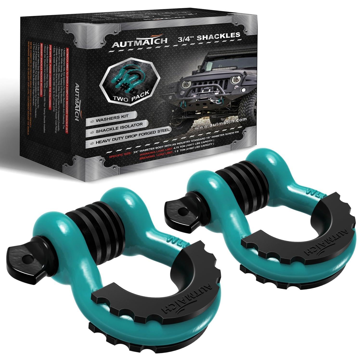 AUTMATCH D Ring Shackle 3/4" Shackles (2 Pack) 41,887Ibs Break Strength, Clevis Shackle with 7/8" Screw Pin and Shackle Isolator Washers Kit for Tow Strap Winch Off Road Vehicle Recovery, Teal
