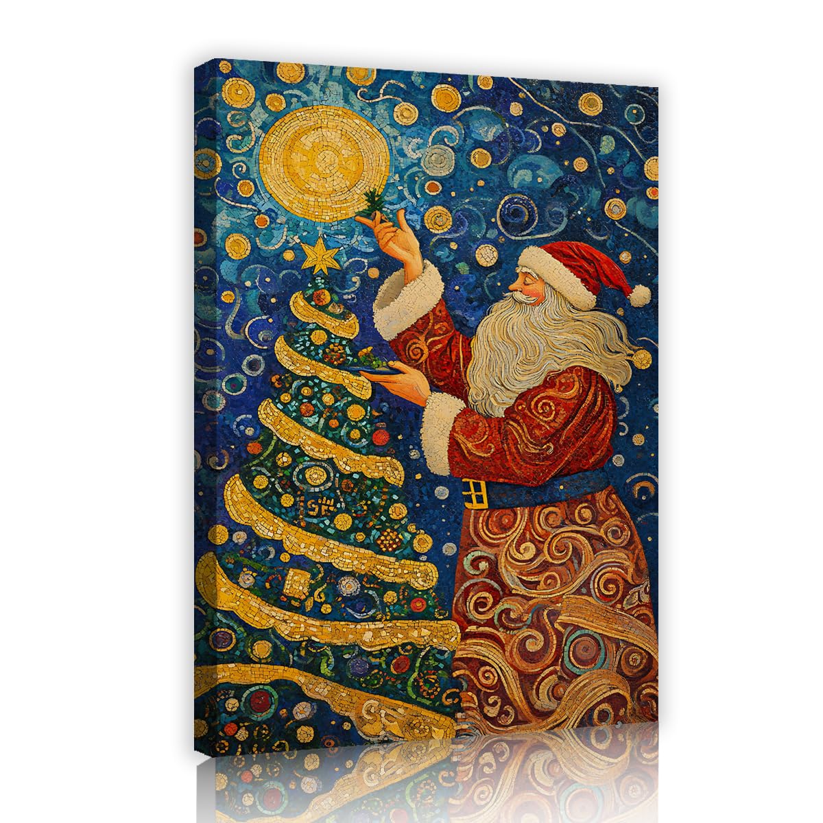 Via Vela Whimsical Starry Night Santa Framed Canvas Wall Art for Living Room Holiday Decor Mosaic Christmas Tree Golden Full Moon Artwork Prints for Bedroom Hotel 70x110cm
