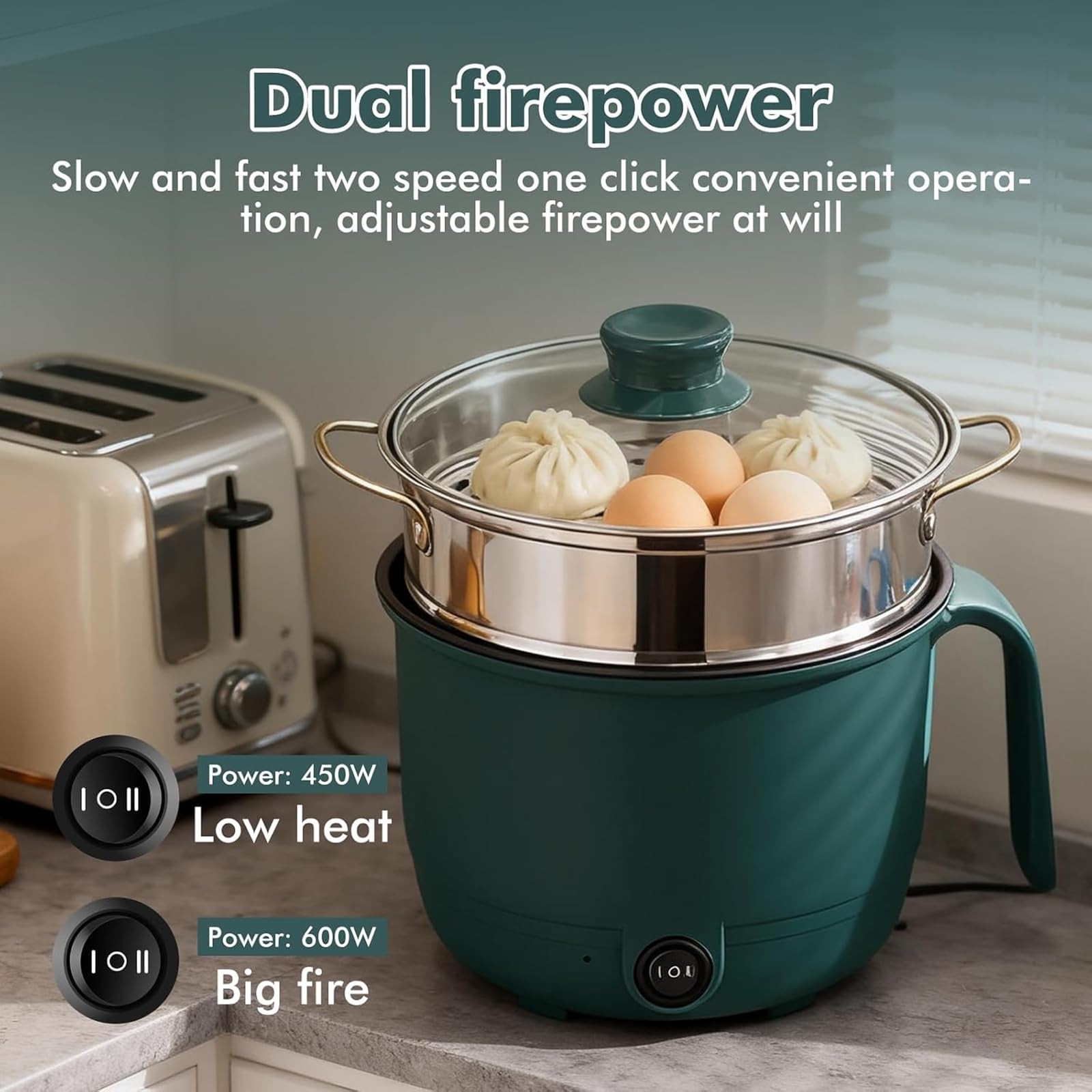 Olla Eléctrica,1.5 Litre Eléctrica Caliente Pot Con Vapor,Mini Caliente Eléctrico,Olla Sopa Rápida Portátil,Multicocina Antiadherente Portátil Para Hogar,Oficina,Dormitorio,600W,220V,Verde