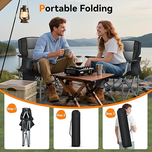 Miniatura 7 de Sillas de campamento, paquete de 2 sillas plegables de gran tamaño resistentes totalmente acolchadas para exteriores con soporte para tazas, bolsa
