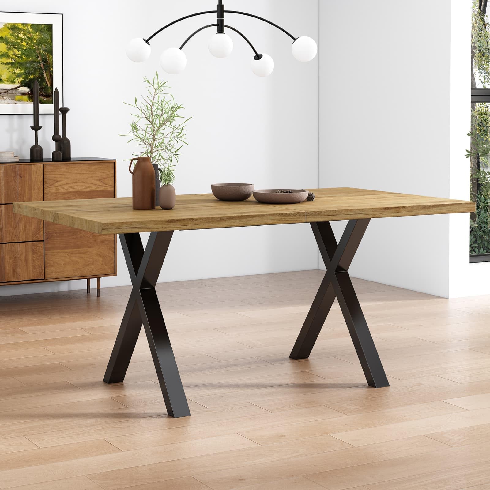 PUGSDRLY Table a Manger 140x80x76cm,Table de Cuisine avec Pieds Croisés en Métal et Plateau en MDF, Moderne Simple, pour la Salle à Manger, Cuisine (Chêne)