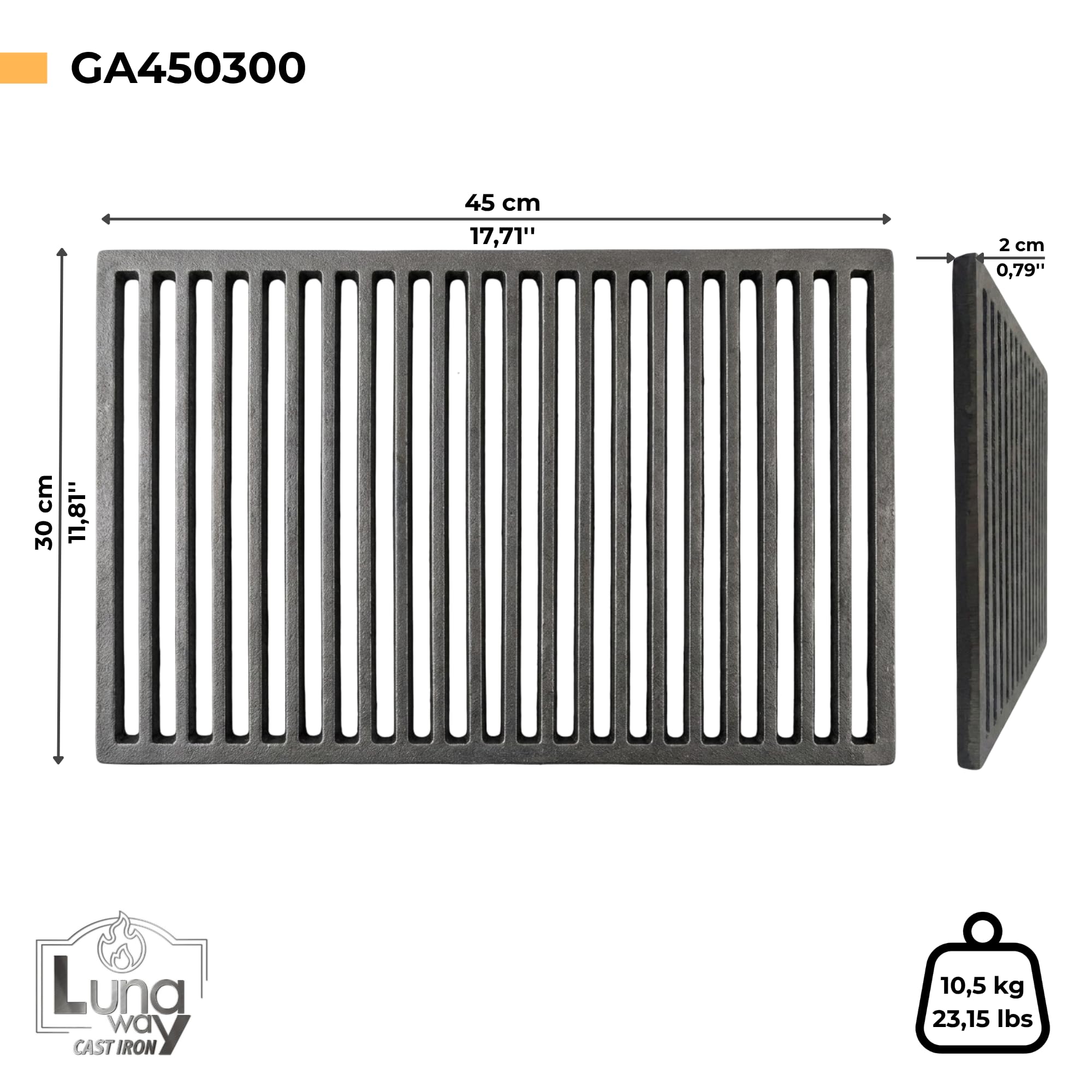 45 x 30 x 2 cm - Griglia in ghisa per raccolta cenere e barbecue | Dimensioni | Ottimizza tiraggio camino e stufa | Resistente alte temperature