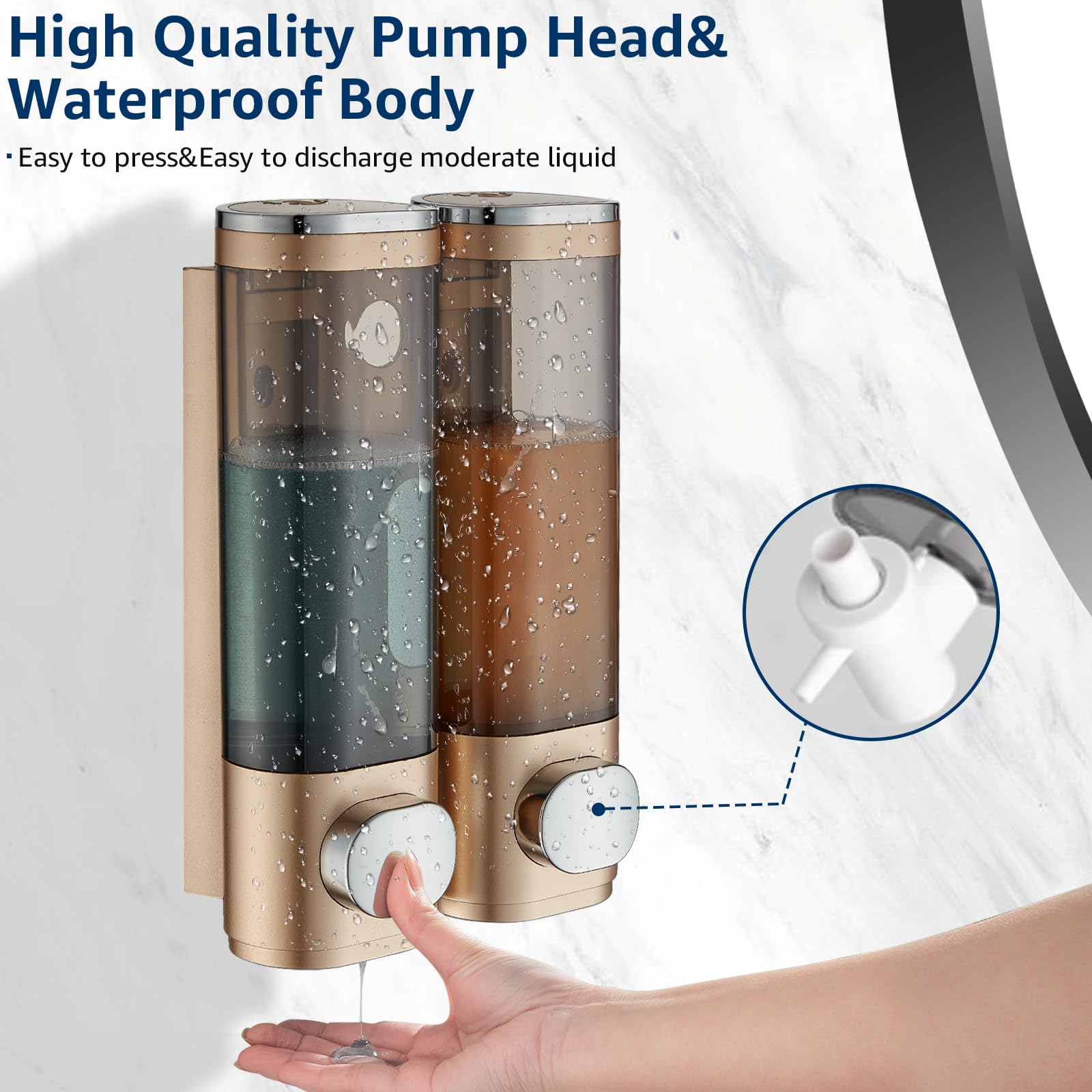 Modunful Shower Dispenser - 2 Chamber No Drill Wall Mounted Dispenser for Shampoo Conditioner, Body Wash - Gold - Image 2