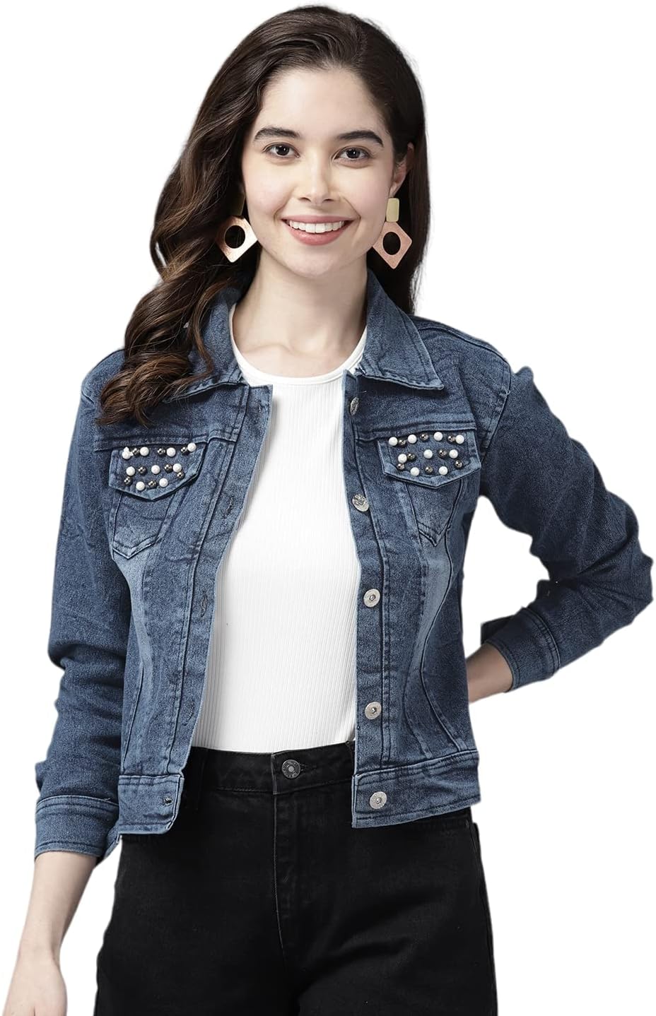Aarika Womens Denim Jacket, Navy Blue, L