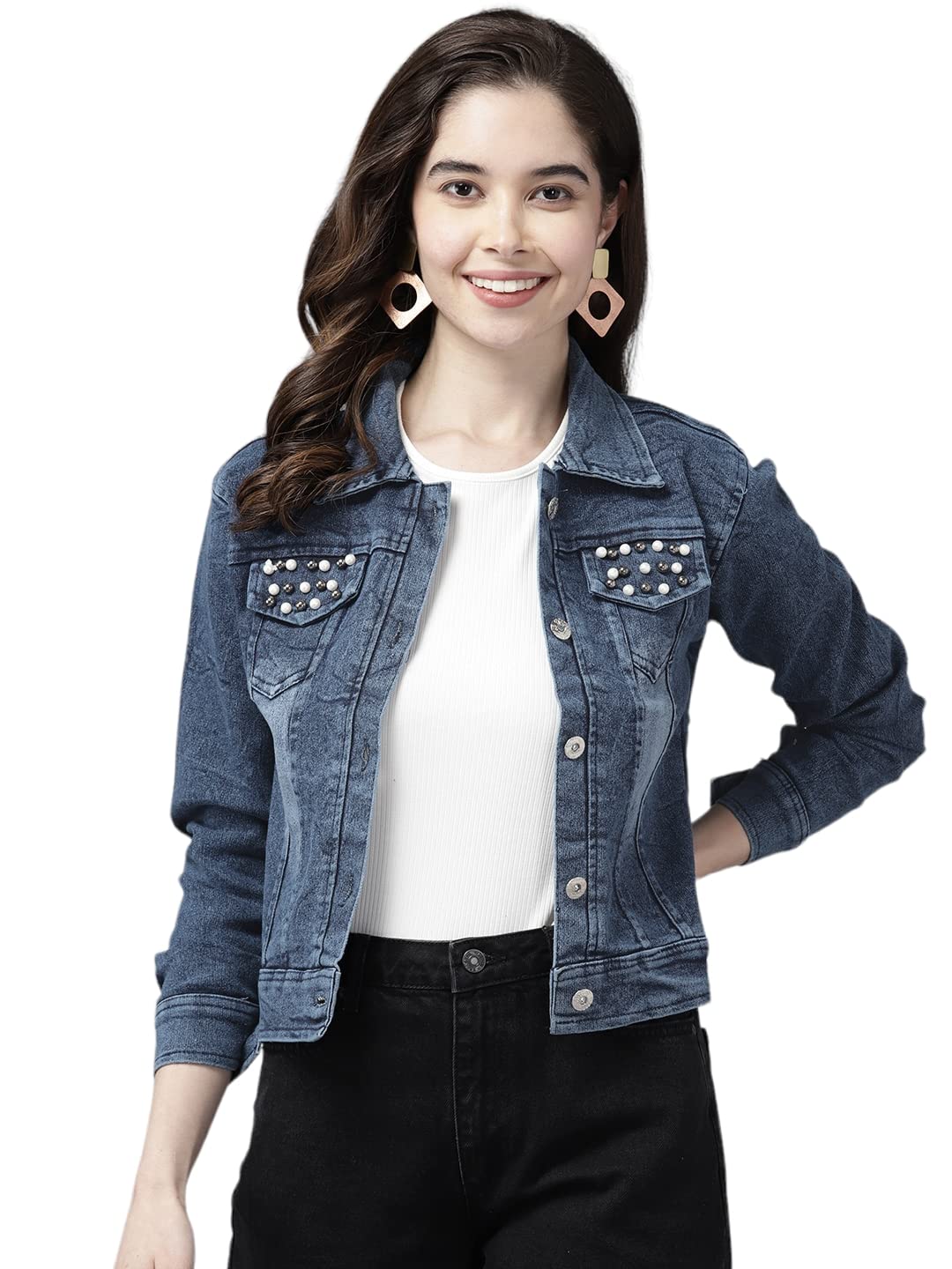 Aarika Womens Denim Jacket, Navy Blue, L