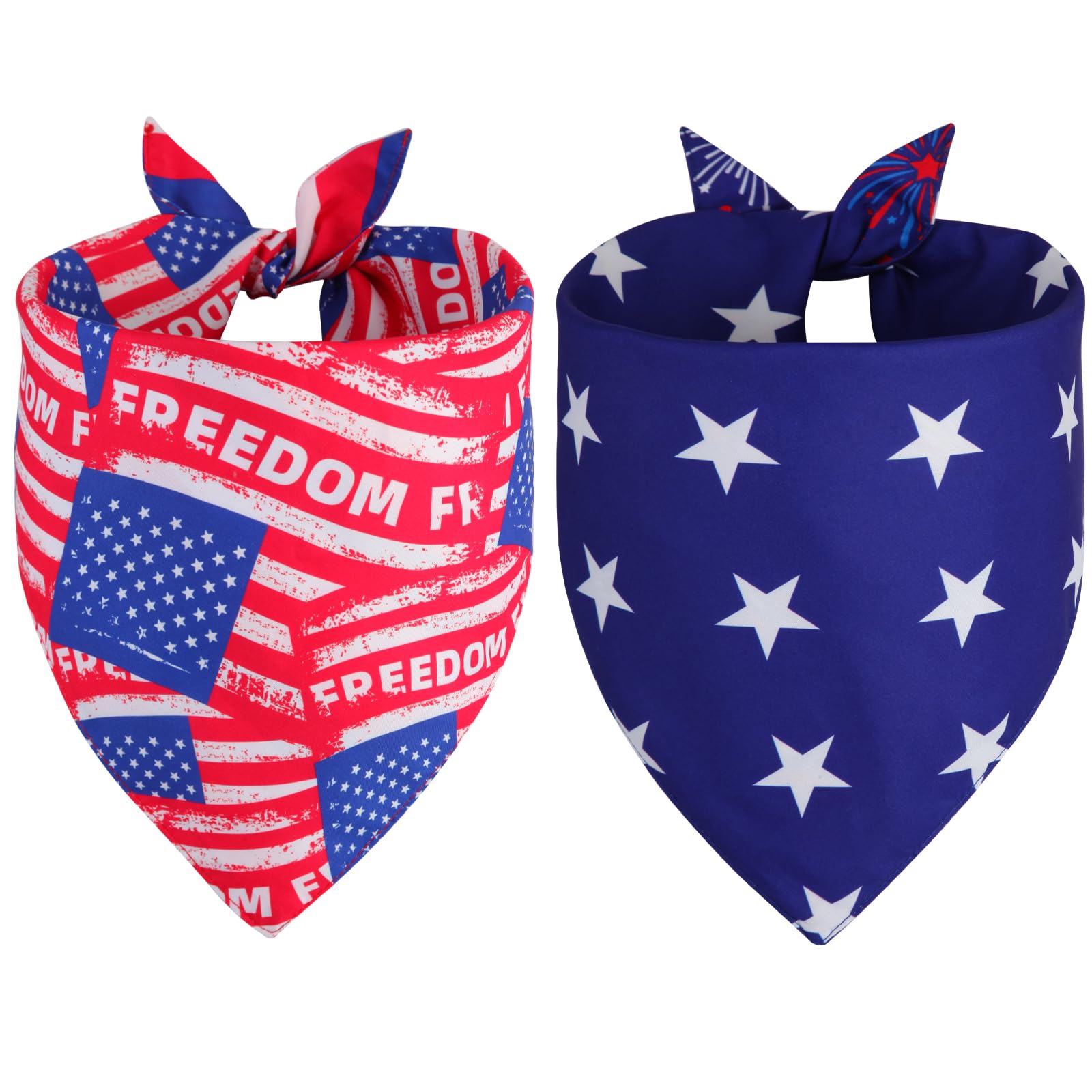 QUQULE 4th of July Dog Bandanas XLarge 2PCS, 4 Pattern American Flag Patriotic Scarf for Boy and Girl, Durable Triangle Reversible USA Bibs for Puppy