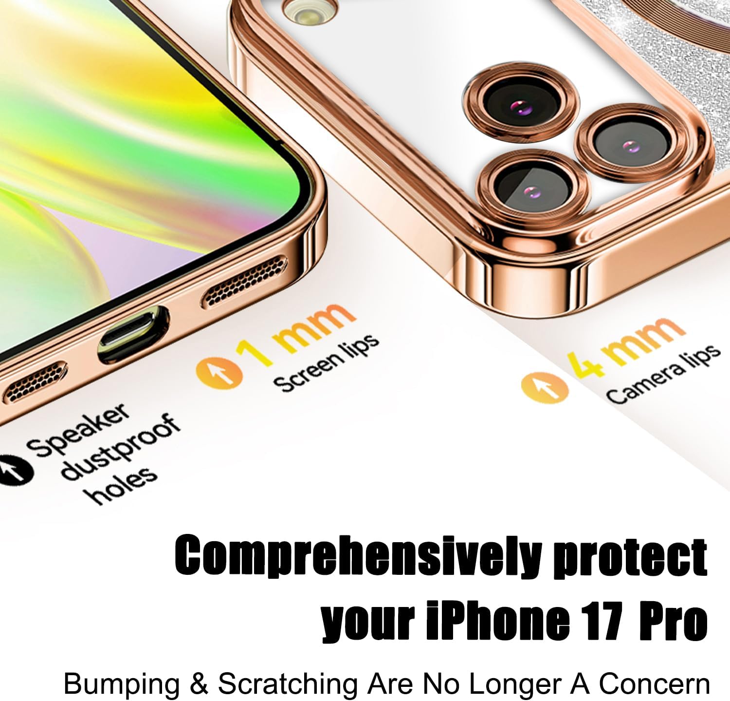 Misscase for iPhone 17 Pro Case Compatible with MagSafe,Built-in Camera Lens Protector Full Protection Soft TPU Anti-Scratch Anti-Fingerprint Magnetic Glitter Slim Case Cover 6.3 inch Gold - Image 6
