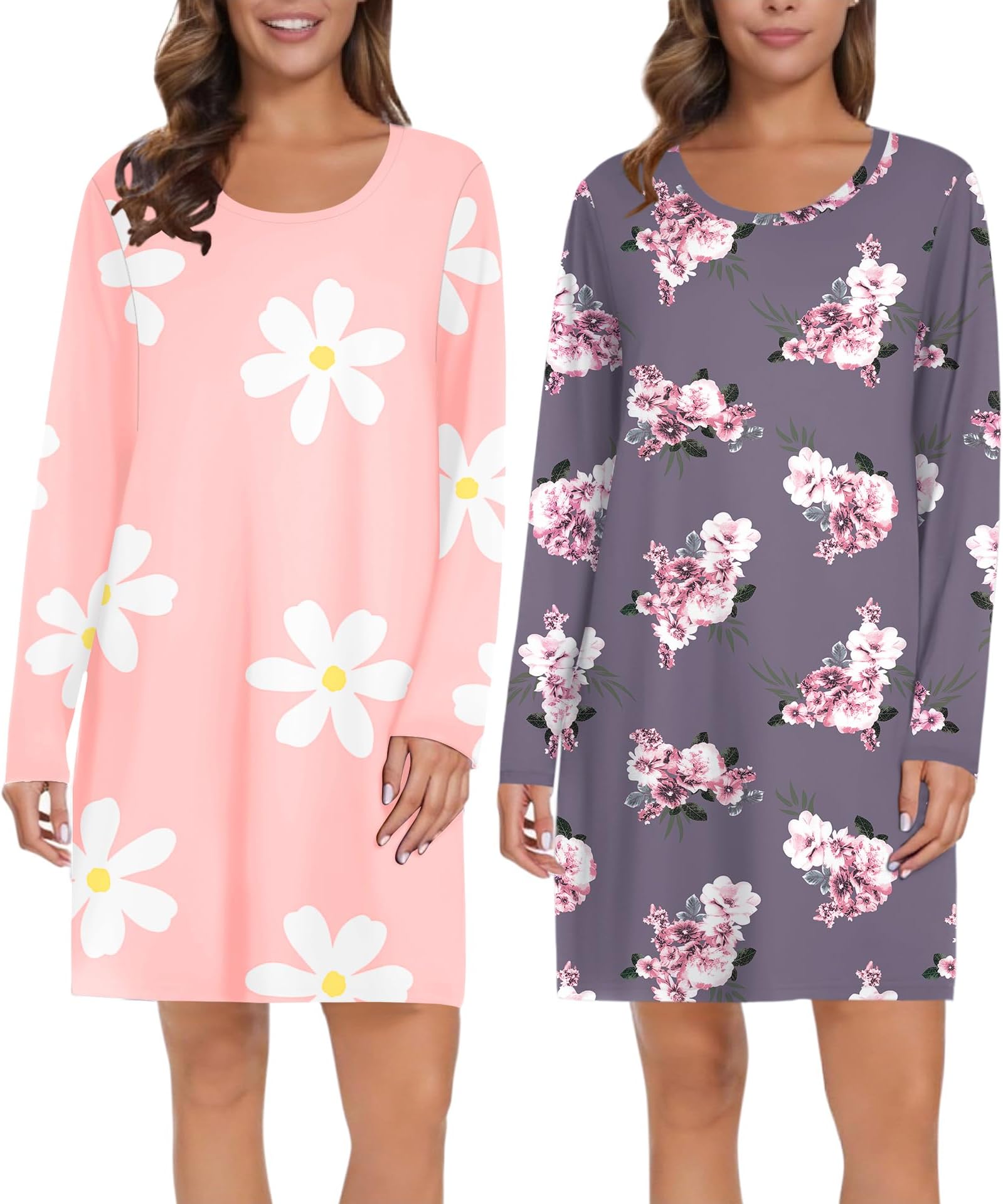 2 Pack Long Sleeve Sleep Shirts for Women Soft Night Shirts Pullover Nightgowns Comfy Night Gowns Dress S-3XL
