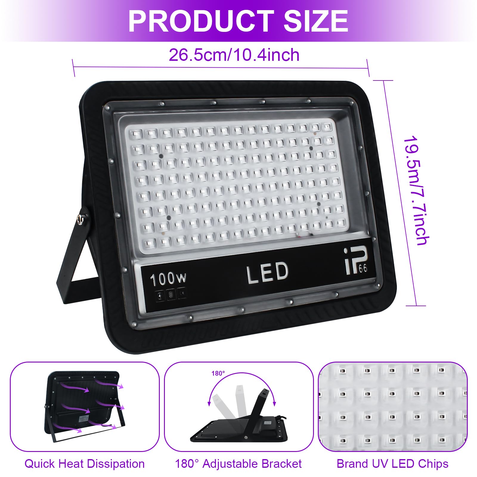 CREATESTAR Luce Nera UV 100W, Faretto Con Spina, 395-405nm LED Impermeabile IP66 Ultravioletta per Festa, Bar, Fluorescente, Halloween, Acquario (2 Pezzi)