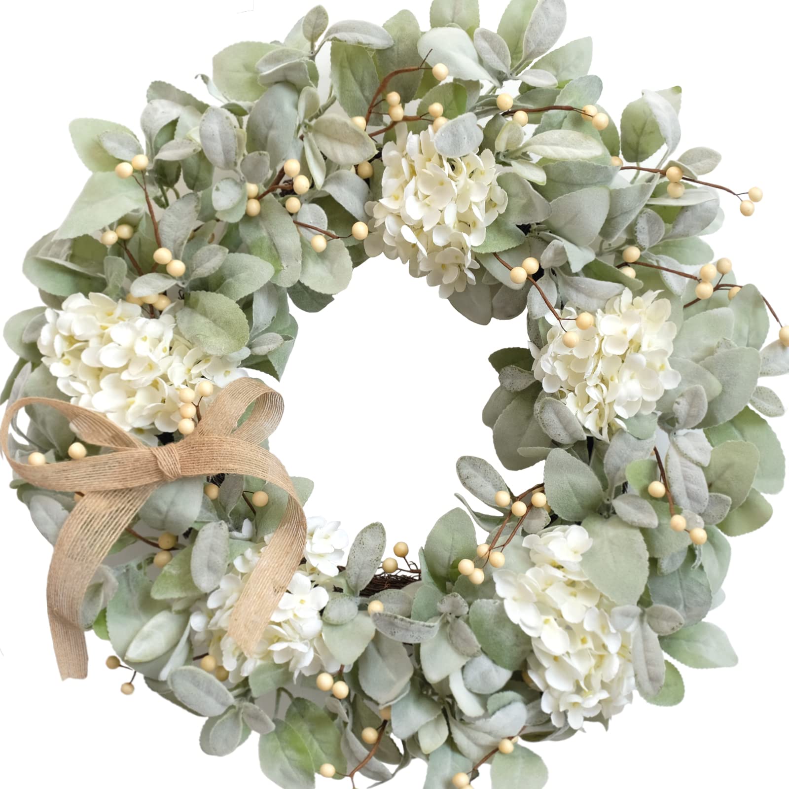 Idyllic 18 Inch Lambs Ears Leaves Everyday Wreath with Ivory Hydrangea and Cream Berries, Spring Summer Greenery Wreath with Burlap Ribbon Bow Knot for Doors, Rustic and Farmhouse Style Home Decor