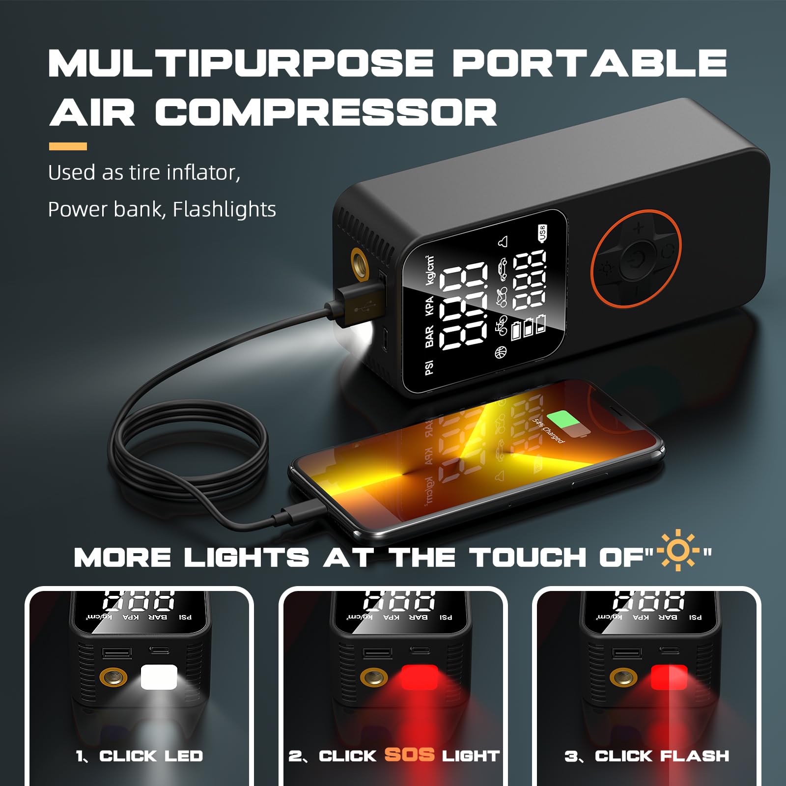 Compressore Aria Portatile, 150 PSI (10,3Bar) Mini Compressore Portatile con Arresto Automatico & LED, Inflazione Rapida, Batteria 6000mAh, USB-C, Gonfiatore Elettrico per Auto/Moto/Bici/Palla, Nero