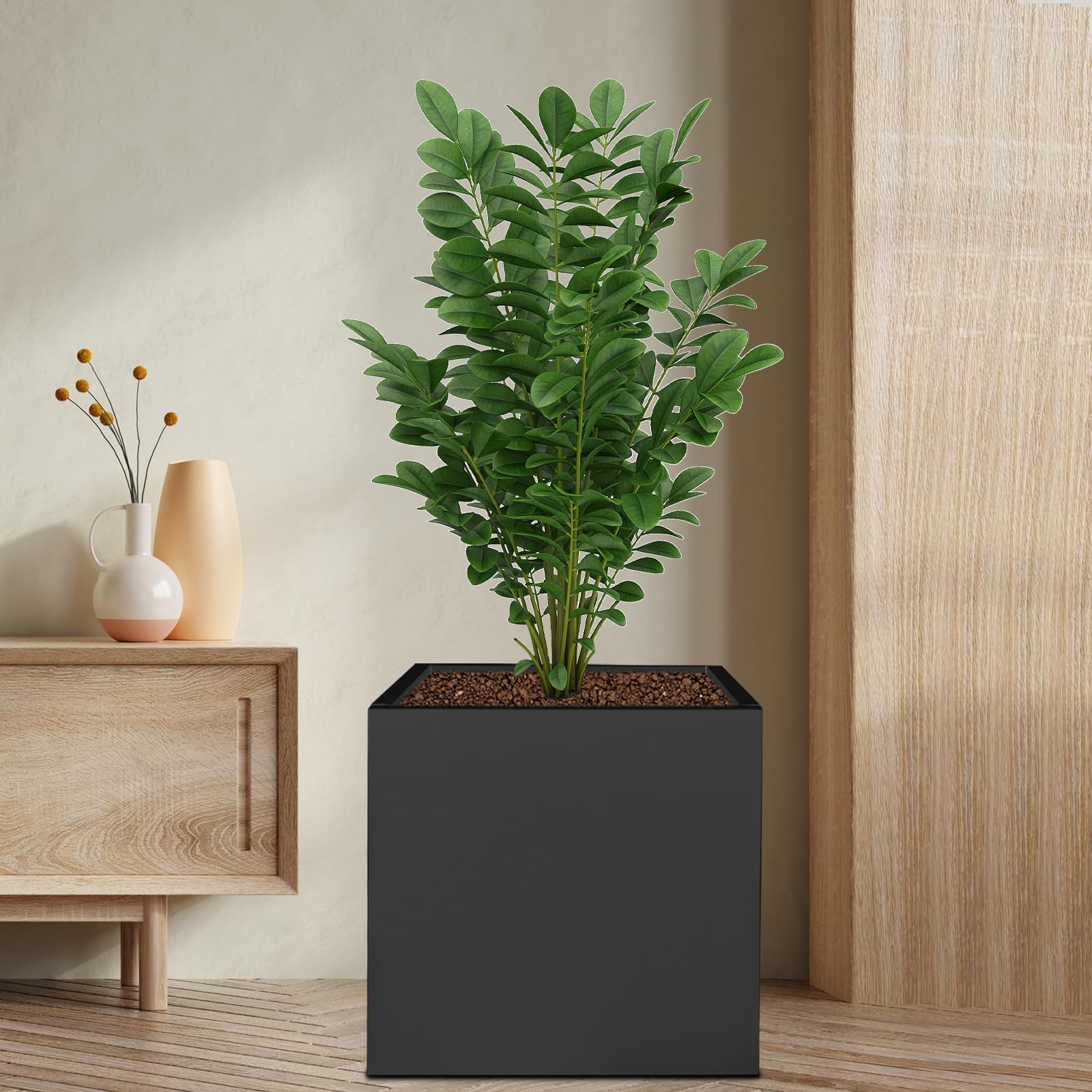 Grand pot de fleurs extérieur – 60 x 60 x 60 cm – Pot de fleurs en acier – Pour l'intérieur et l'extérieur – Jardinière pour jardins, entrées, terrasses et cours, noir