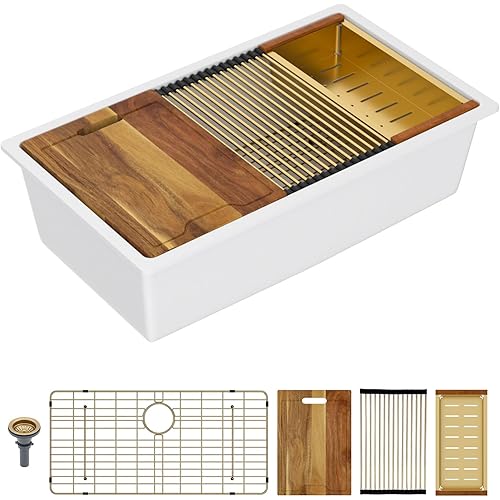 Lordear 33 Inch White Kitchen Sink Granite Composite Undermount Kitchen Sink Workstation 33x19 White Quartz Sinks Under Counter Single Bowl with Classic Gold Accessories