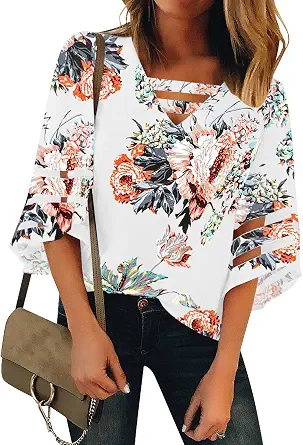 LookbookStore Women's V Neck Mesh Panel Bell Sleeve Blouse