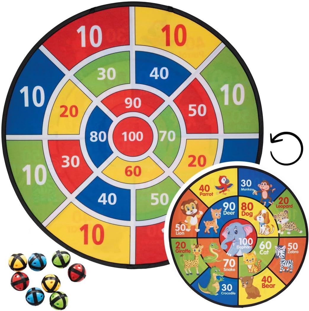 P'TIT Clown - 24536 - Children's Scratch Target Set - Reversible Animals & Scores - 8 Balls + 1 Suction Cup - Skill and Throwing Game - Outdoor - Diameter 60 cm