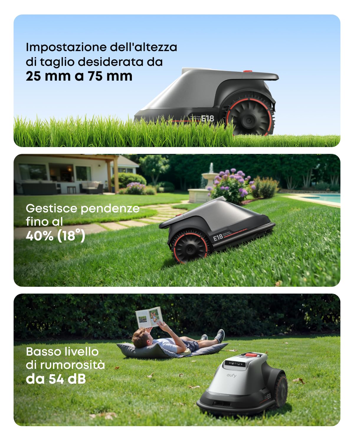 eufy Robot tosaerba E18, Senza cavo limitatore, Nessuna interruzione del segnale,Senza RTK, TrueVision, Sistema GNSS, Giardino fino a 1200 m², Taglio Preciso Bordi, Evita Ostacoli, Controllo App