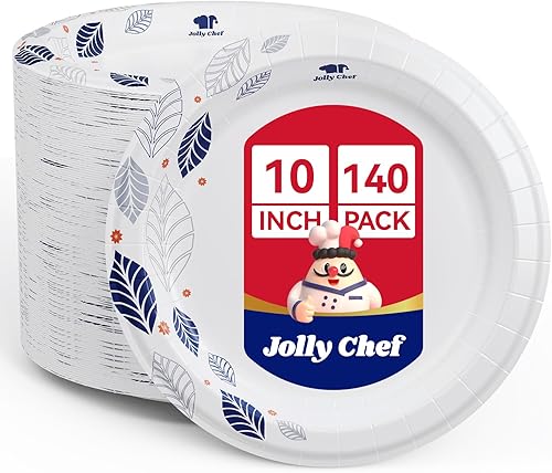 JOLLY CHEF 140 platos de papel de 10 pulgadas, a prueba de remojo, a prueba de cortes, platos de papel desechables impresos de hojas resistentes