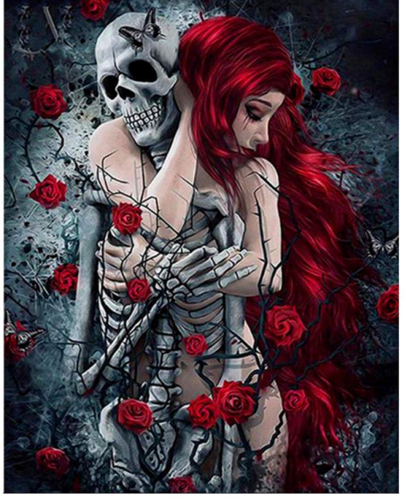 LVGUMM Paint by Numbers Kits Art for Adults and Kids With Brushes and Acrylic Pigment Diy Digital Canvas Painting for Adults Beginner-Skull couple rose 16 * 20 Inch Frameless