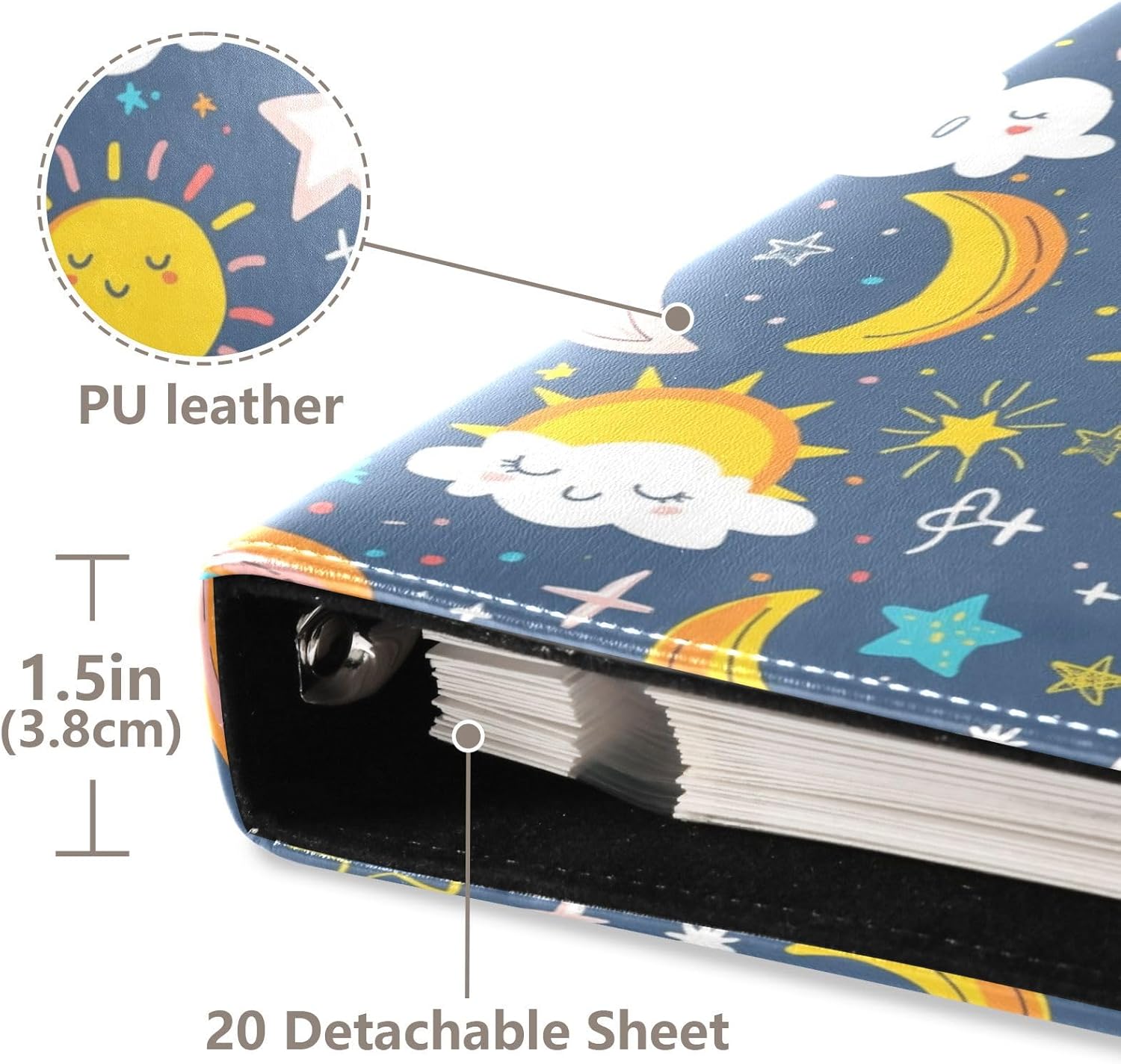 JIPONI Sun White Clouds Stars Large Photo Album, DIY Leather Cover Scrapbook Albums for 4x6 5x7 6x8 Pictures, Self Adhesive Memory Book for Wedding, Baby, Family