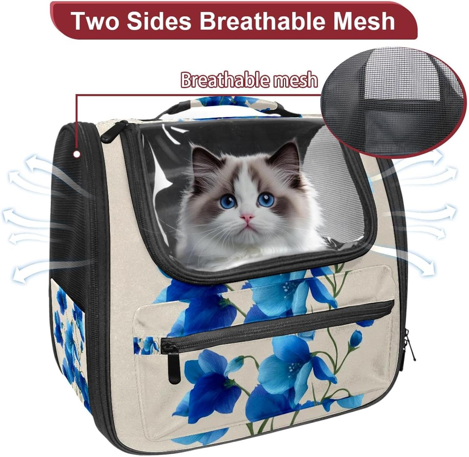 Cat Backpack Carrier for Small Dogs Cats, Soft-Sided Pet Carrier Backpack with Ventilated Mesh Windows and Safety Leash, Vintage Blue Flowers with Green Stems