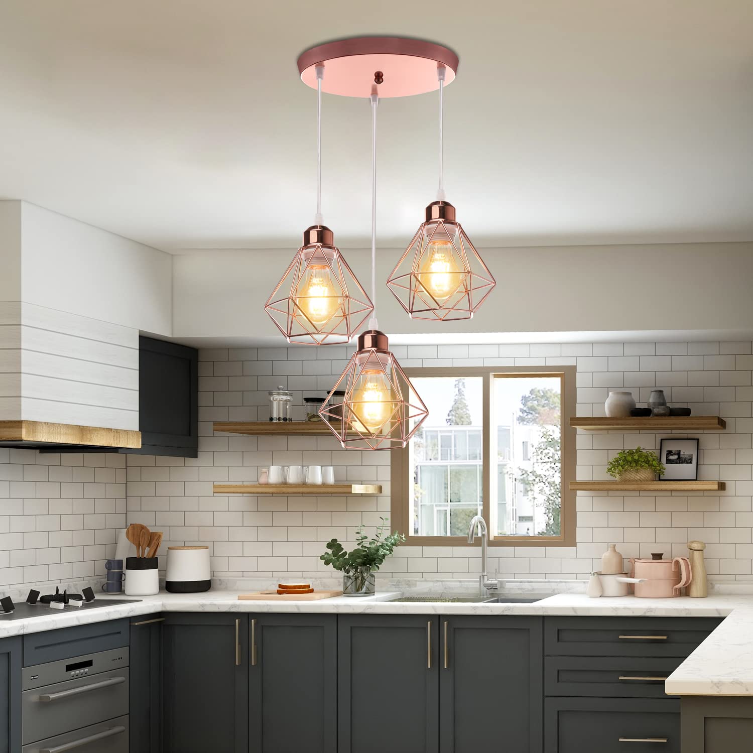 Plafonnier Industriel Vintage Luminaire E27 Rétro Lustre Suspension Design Métal Cage Ø160mm éclairage plafond Pour Salon Cuisine Chambre (Or rose-base de 25cm)