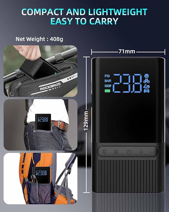Tire Inflator Electric Bike Pump - 150PSI Portable Air Pump with Pressure Gauge, 6000mAh Electric Ball Pump with Schrader/Dunlop/Presta Valve for Road, Mountain Bicycles, E-Bike, Motorcycle, Balls