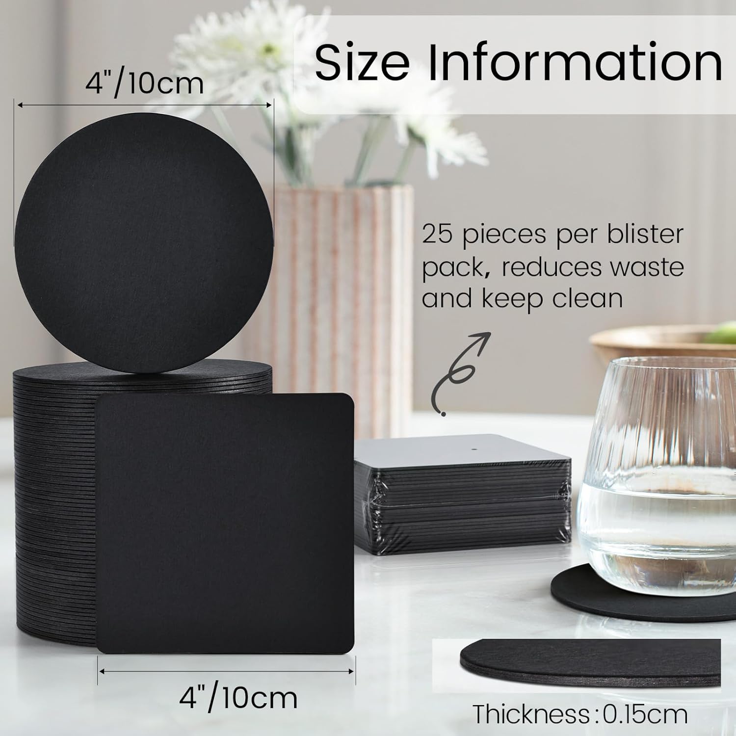 200 Pieces Disposable Paper Coasters, GOH DODD Thickened (1.5MM) 4 Inch Bar Coasters Bulk Absorbent Cardboard Blanks for Sublimation Drinks DIY Arts Crafts Wedding Party Gifts, Black, Square Round - Image 2