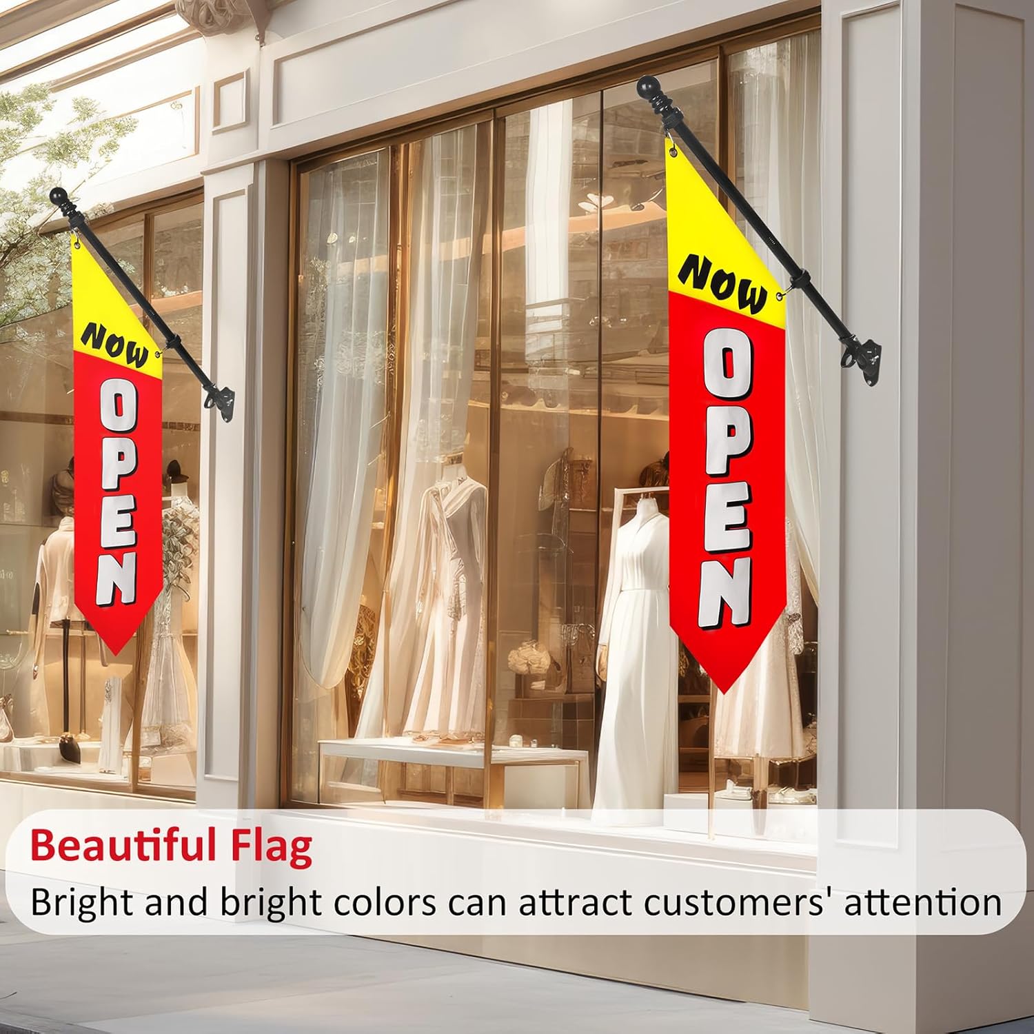 Now Open Flag with Pole Kit – 42x12 Heavy-Duty Double-Sided Canvas Banner for Outdoor Business Storefront – Grand Opening Sign with Metal Bracket for Advertising & Retail Decor-white font