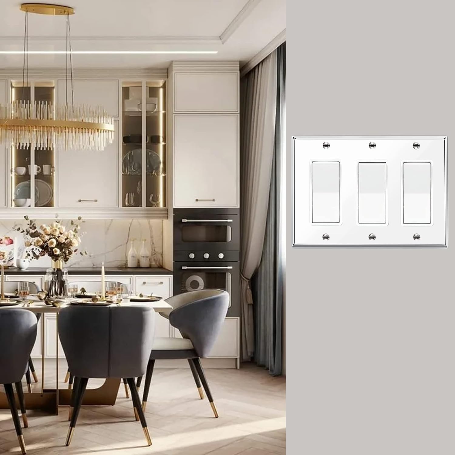 Silver Chrome Light Switch Plates Polycarbonate Thermoplastic Durable 3 Gang Switch Plates And Outlet Covers Decorative Outlet Cover Wall Plate