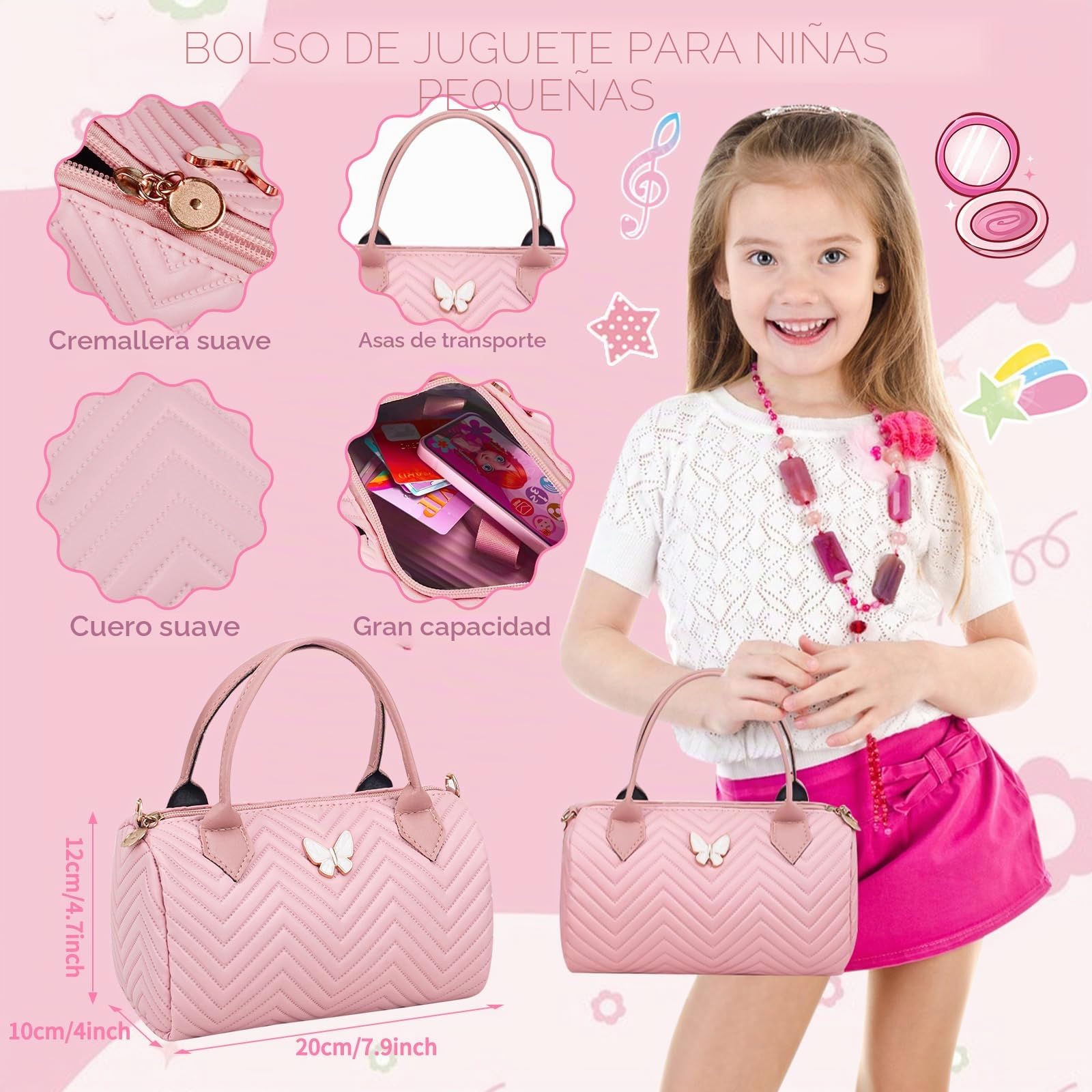 Bolso de Niña con Accesorios, Juguetes Niña de Maquillaje Falso Set, Juego de Bolso-Billetera, Teléfono, Gafas de Sol, Botella, Parche de Ojo, Joyas, Llaves, Cumpleaños Regalos Niñas 3 4 5 6 7 8 Años