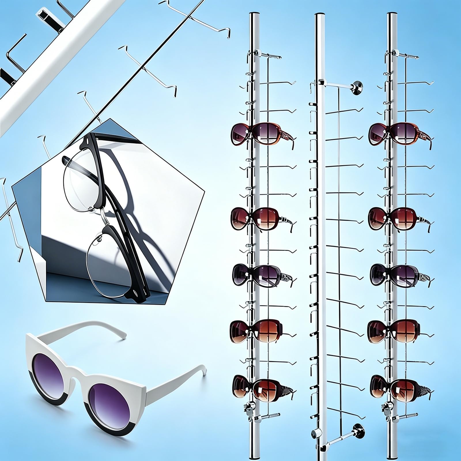 Soporte de exhibición de gafas, soporte de pared, soporte multiusos para gafas de sol con cerradura, ideal para tiendas ópticas, incluye 20 piezas, diseño que ahorra espacio