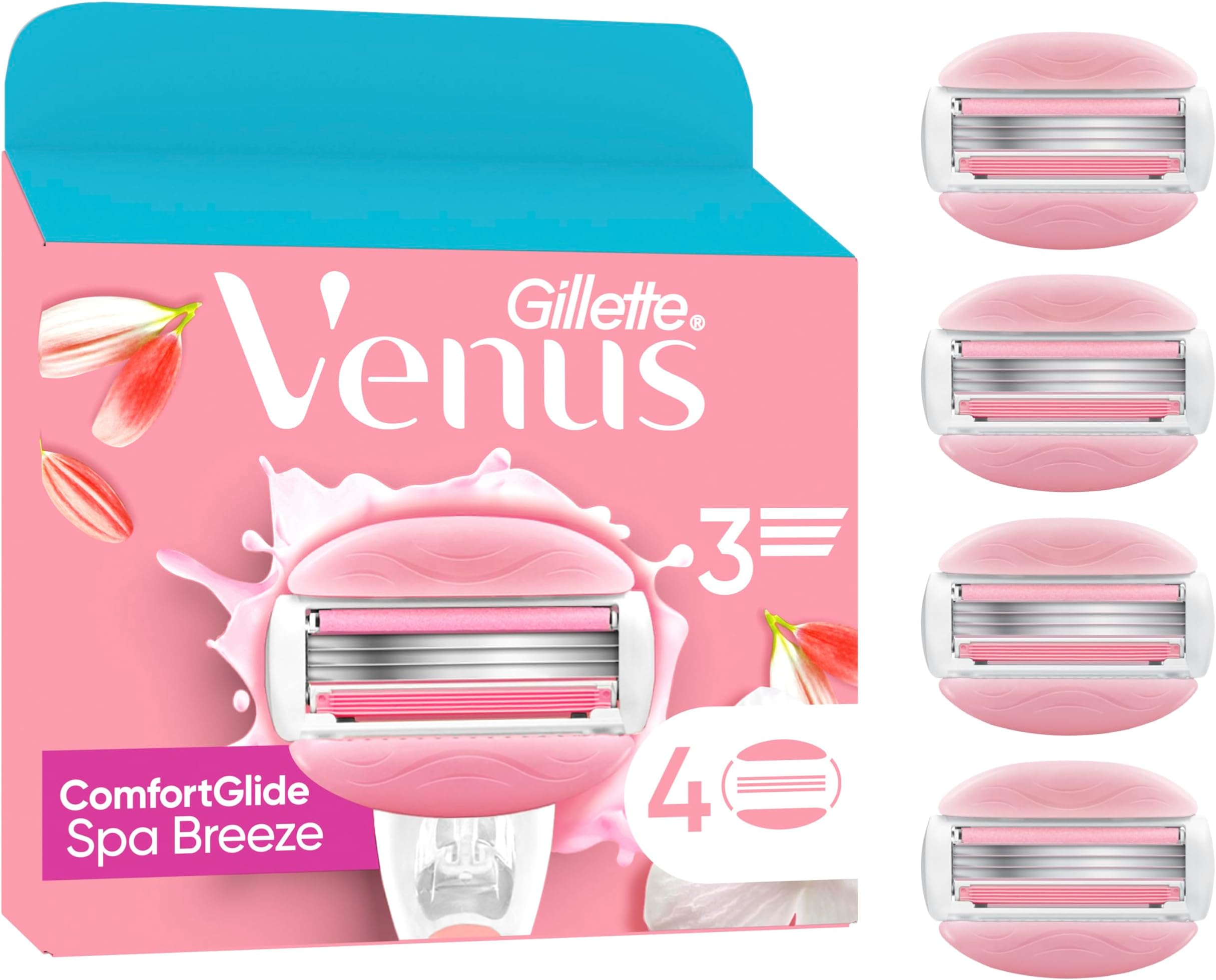 Gillette Venus Comfortglide Spa Breeze Women's Razor Blade Refills, Pack of 4, 3 Built-in Blades for a Smooth, Close Shave That Lasts