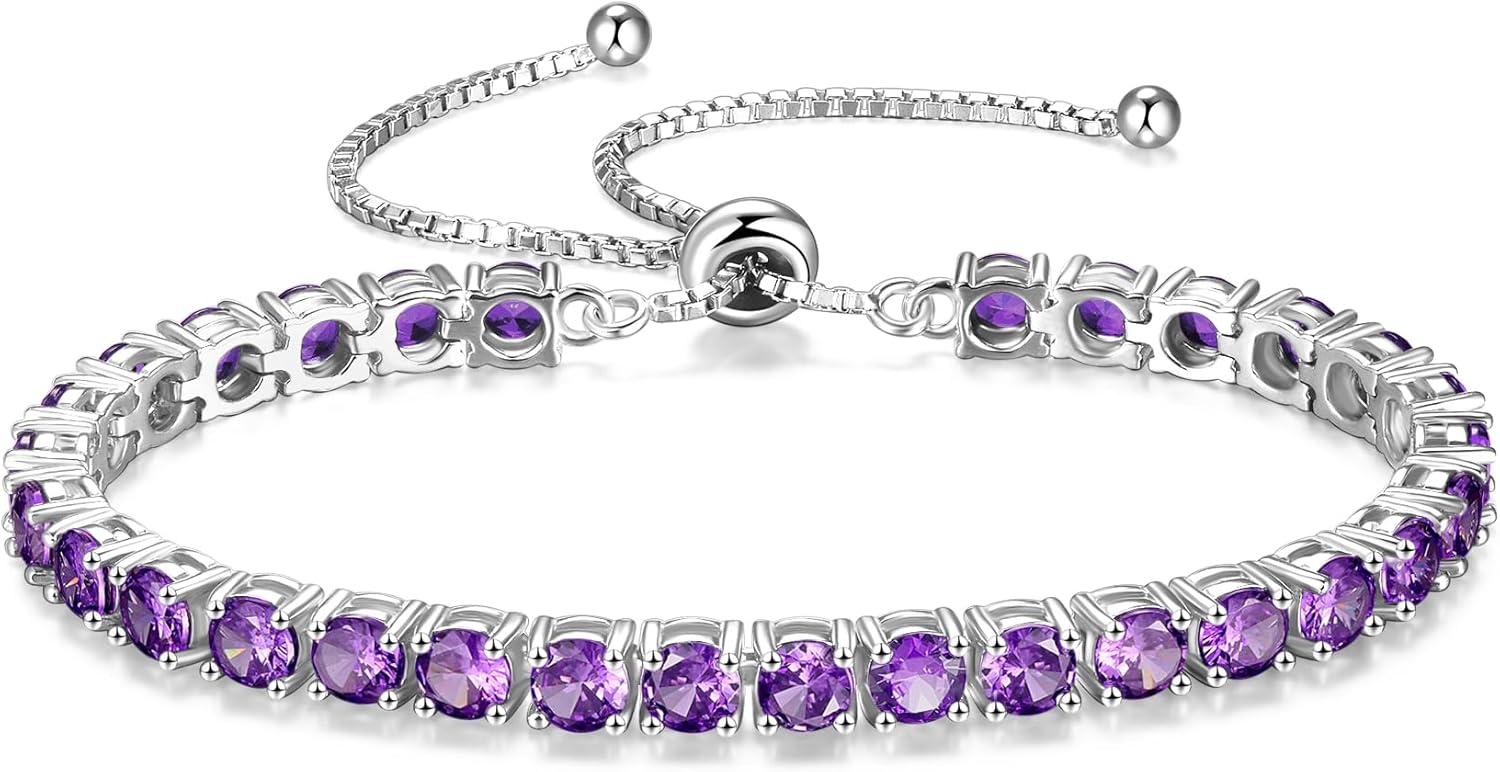FANCIME Birthstone Bracelet Jewelry for Women Sterling Silver Tennis Bracelet Classic Bolo Adjustable Chain Fine Jewelry Anniversary Birthday Gifts for Women Mom Wife Her