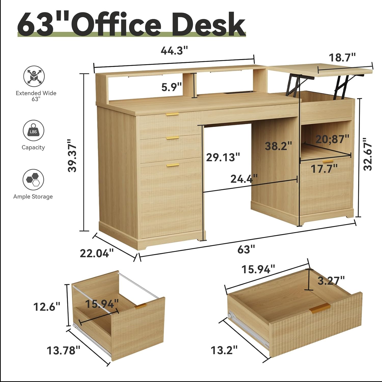 Fluted Executive Desk with File Drawers, 63" Fluted Home Office Desk with Lift Top, Gaming Desk, Charging Station, Sensor Lights, Wood Computer Table with Monitor Stand