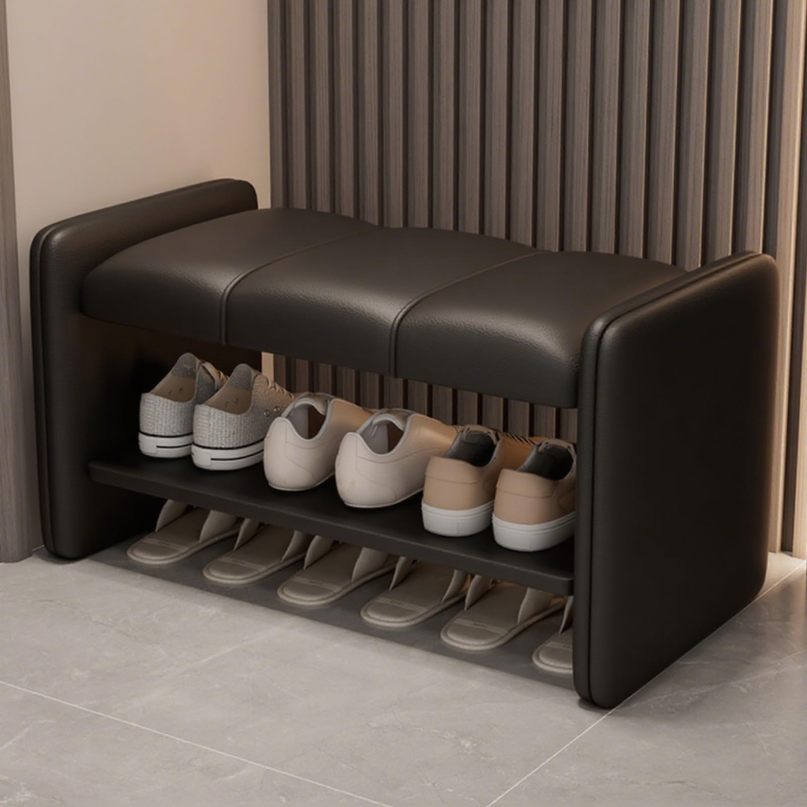 MSHGSKU 2 Tier Shoe Storage Bench with Soft Leather Cushion Entryway Shoe for Hallway Living Room Bedroom Black 80cm