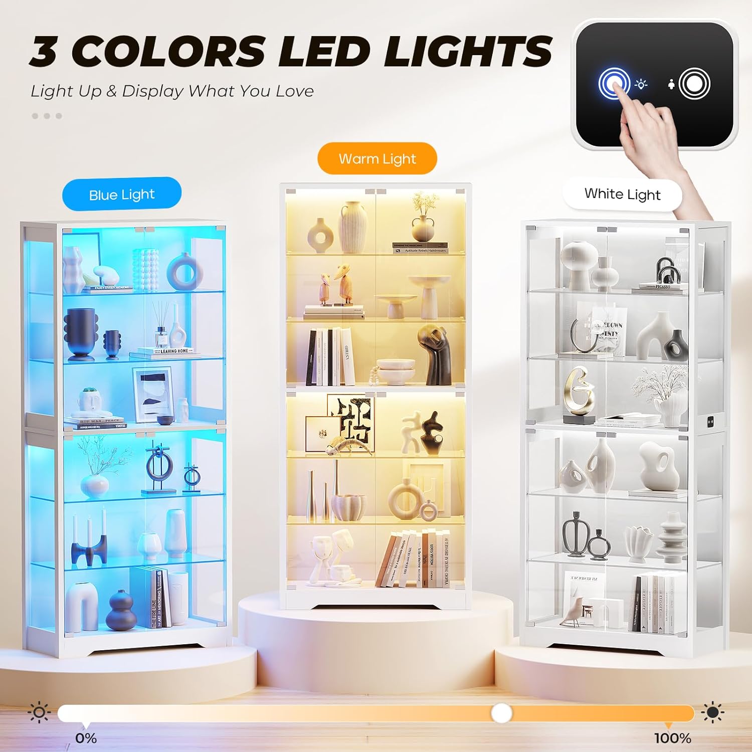BROTTAR 6-Tier 71" Display Cabinet with Glass Door, Curio Cabinet with 3 Color Lights for Collectibles, Display Case with Adjustable Glass Shelves, Human Body Sensor, Storage Cabinets, White