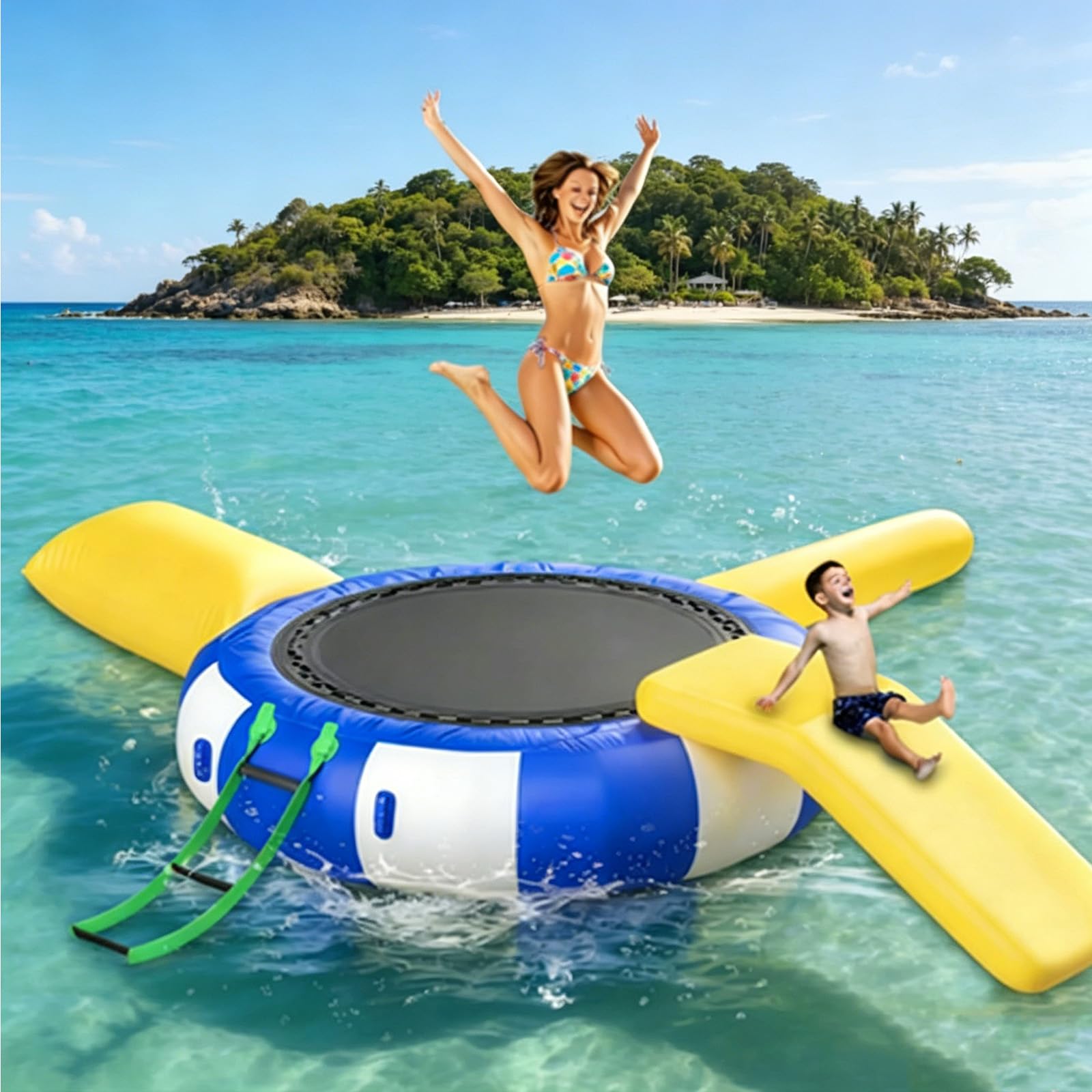 NSACMD ,13FT,Water/Lake Trampoline – Inflatable Floating Swim Platform with Slide & Diving Blob – Fun for All Ages – Choose 10Ft, 13Ft, Or 16Ft