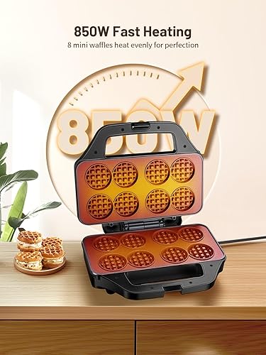 Miniatura 2 de Mini máquina para hacer gofres, 8 pequeños bocadillos de gofres, plancha antiadherente para gofres con calentamiento rápido, fácil desayunador para