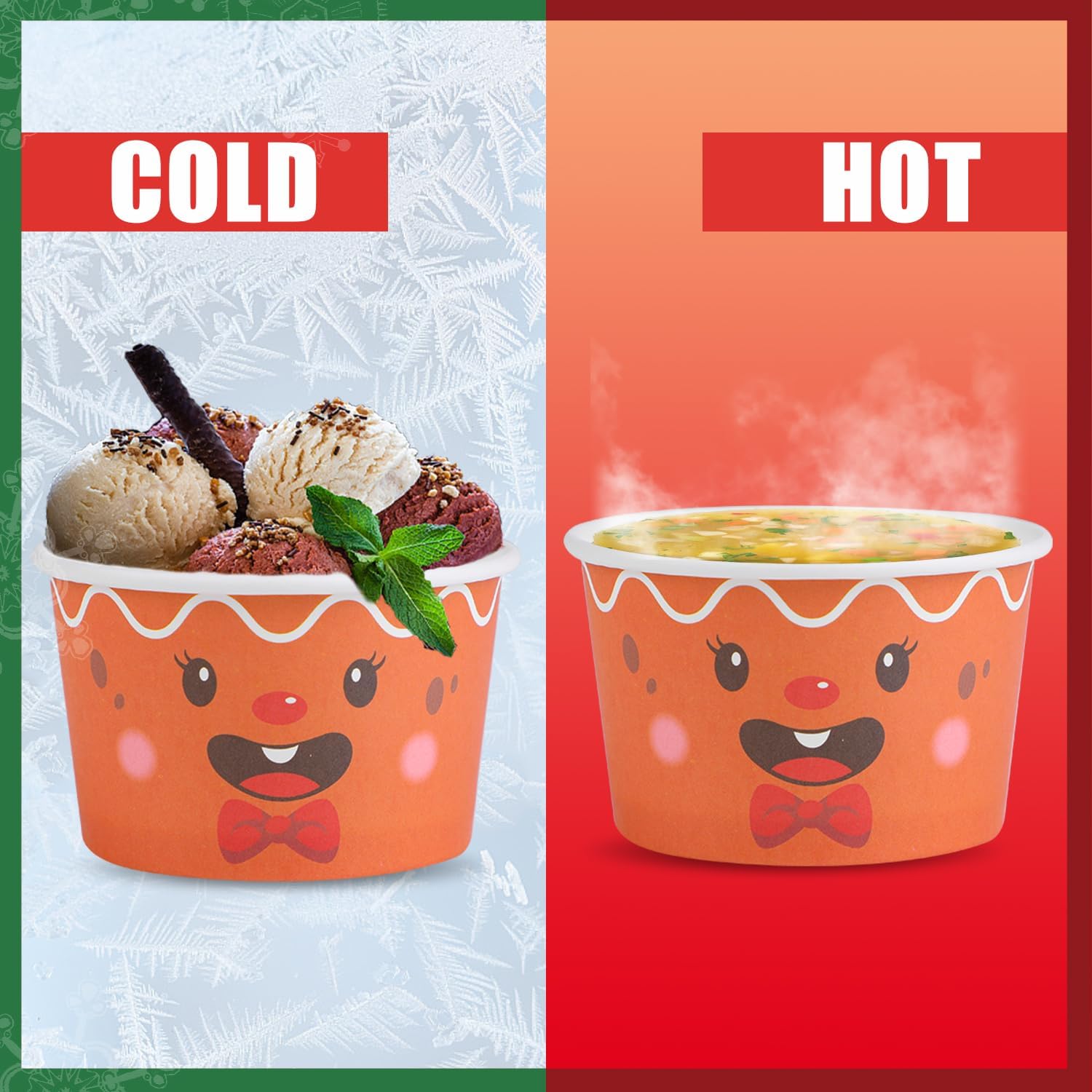 SULOLI Christmas Treat Snack Cups, 60 Pcs Xmas Paper Ice Cream Cups Santa Snowman Disposable Snack Bowls for Christmas Party Supplies Decorations(3OZ/100ML)