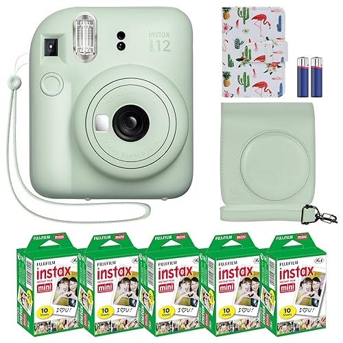 Fujifilm Instax Mini 12 Instant Camera + MiniMate Accessory Bundle & Compatible Custom Case + Fuji Instax Film Value Pack (50 Sheets) Flamingo Designer Photo Album (Mint Green) - Mint Green