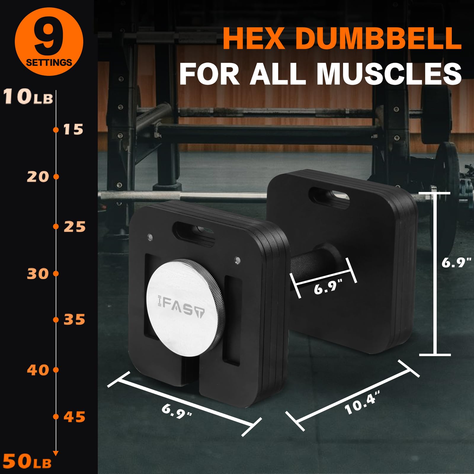 IFAST Adjustable Dumbbell 50LB Single Square 9 in 1 Free Weights for Multiweight Options Quick-Lock Adjustable Dumbbell Sets with Anti-Slip Steel Handle for Full-Body Home Gym Workouts (Black, 50LB)